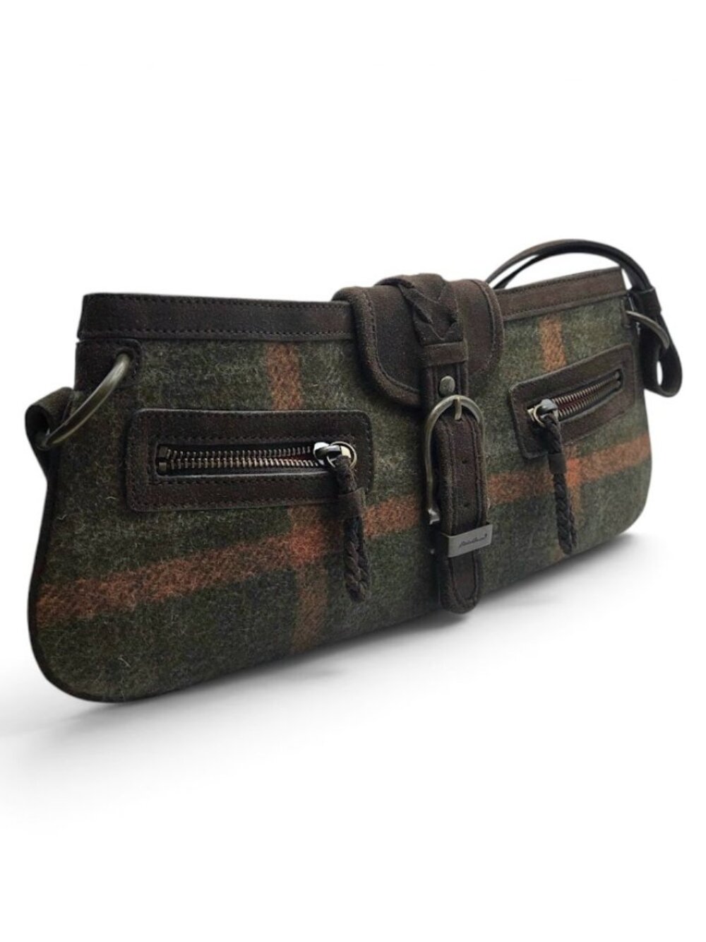Eddie Bauer Wool Plaid Shoulder Bag Purse Brown Green Orange Tweed Leather Trim